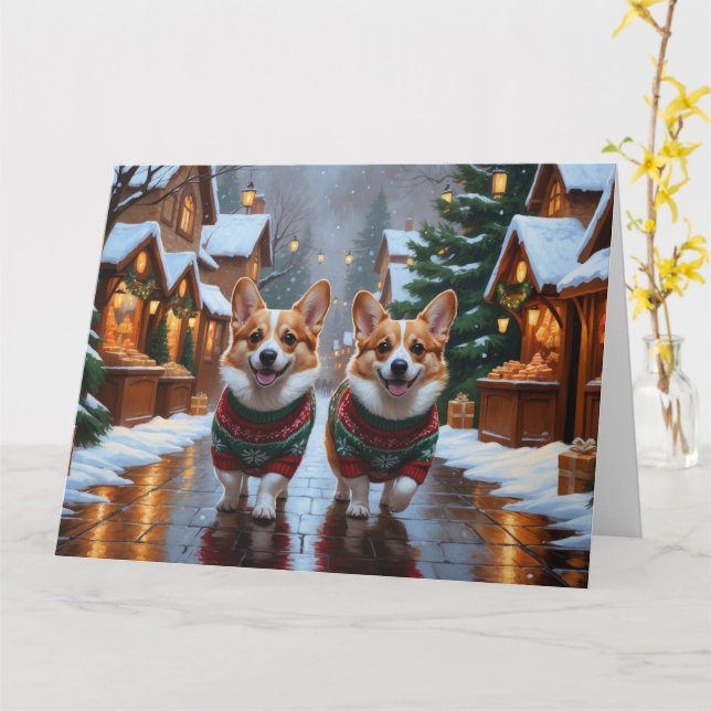 Corgi Dogs Weihnachtsschneeurlaub Karte (Gelbe Blume)