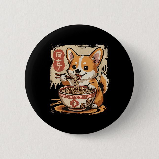 Corgi Eating Ramen Button (Vorderseite)