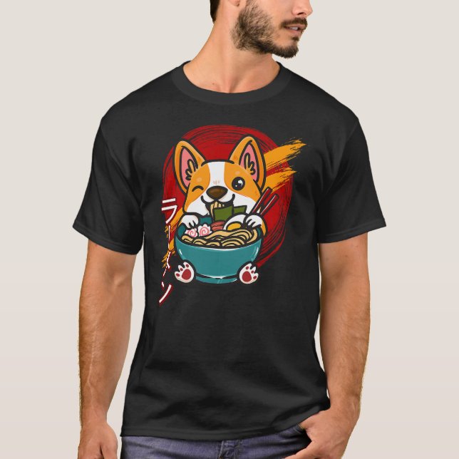 Corgi Eating Ramen Cute Kawaii Dog Japanese Noodle T-Shirt (Vorderseite)