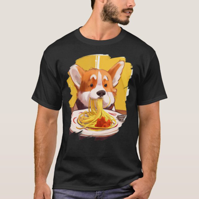 Corgi Eating Spaghetti Pasta Hund Italienische Küc T-Shirt (Vorderseite)