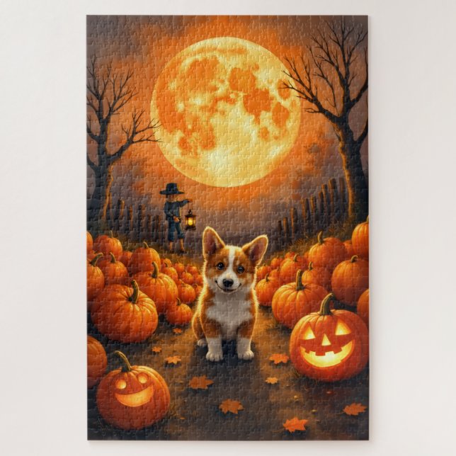 Corgi Erntmond-Halloween-Kunstwerk Puzzle (Vertikal)