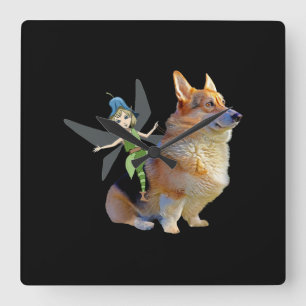 Corgi & Fairy - Funny Pembroke Welsh Corgi Quadratische Wanduhr