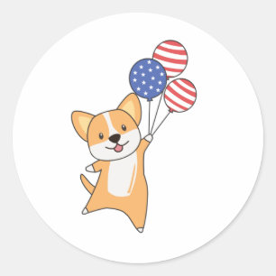 Corgi fliegt mit Balloons 4. Juli Amerikaner Runder Aufkleber