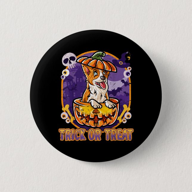 Corgi Frohes Halloween Kürbis Hund Button (Vorderseite)