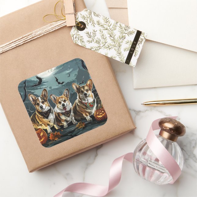 Corgi Halloween Spooky Quadratischer Aufkleber (Schenken)