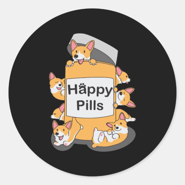 Corgi Happy Pills Runder Aufkleber (Vorderseite)
