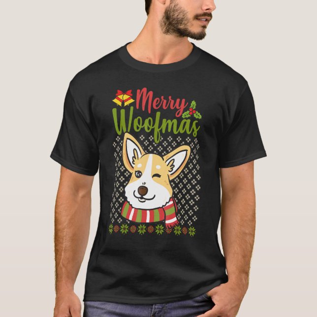 Corgi hässlicher Weihnachtspullover Merry Woofmas  T-Shirt (Vorderseite)