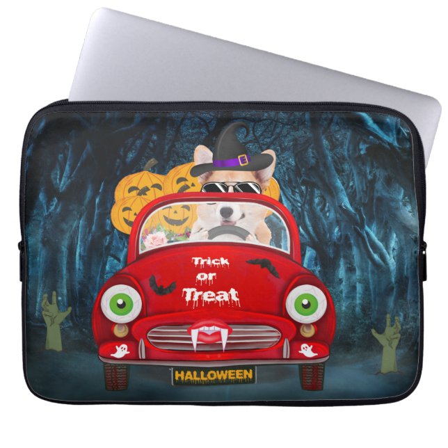 Corgi Hund Autofahren Auto Beängstigend Halloween Laptopschutzhülle (Vorderseite)
