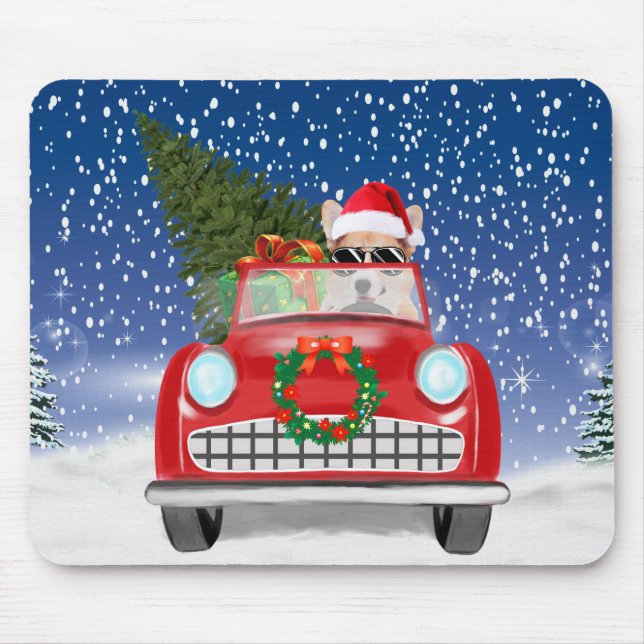 Corgi Hund Autofahren Auto in Schnee Weihnachten Mousepad (Vorne)