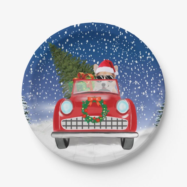Corgi Hund Autofahren Auto in Schnee Weihnachten Pappteller (Vorderseite)
