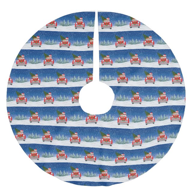 Corgi Hund Autofahren Auto in Schnee Weihnachten Polyester Weihnachtsbaumdecke (Vorderseite)