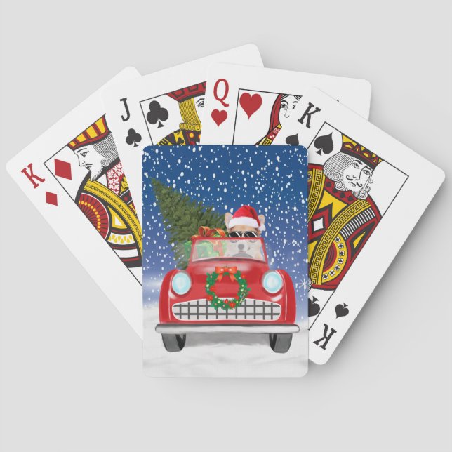 Corgi Hund Autofahren Auto in Schnee Weihnachten Spielkarten (Rückseite)