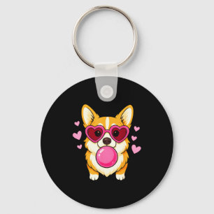 Corgi-Hund bläst rosa Kaugummi süße Herzen  Schlüsselanhänger