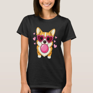 Corgi-Hund bläst rosa Kaugummi süße Herzen T-Shirt