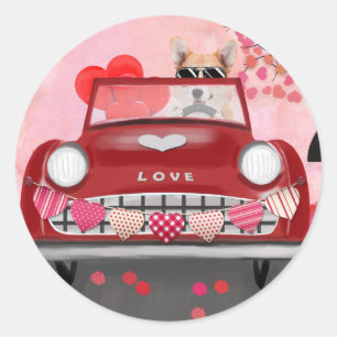 Corgi Hund fährt Auto mit Herzen Valentinstag Runder Aufkleber