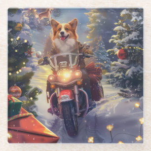Corgi-Hund fährt Motorrad Weihnachten Glasuntersetzer
