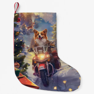 Corgi-Hund fährt Motorrad Weihnachten Kleiner Weihnachtsstrumpf