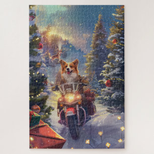 Corgi-Hund fährt Motorrad Weihnachten Puzzle