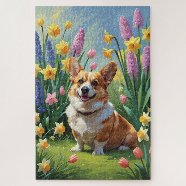 Corgi-Hund-Frühlingsblumen-Malerei  Puzzle (Vertikal)