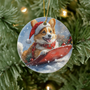Corgi-Hund im Schlitten Lass es schneien Weihnacht Keramik Ornament
