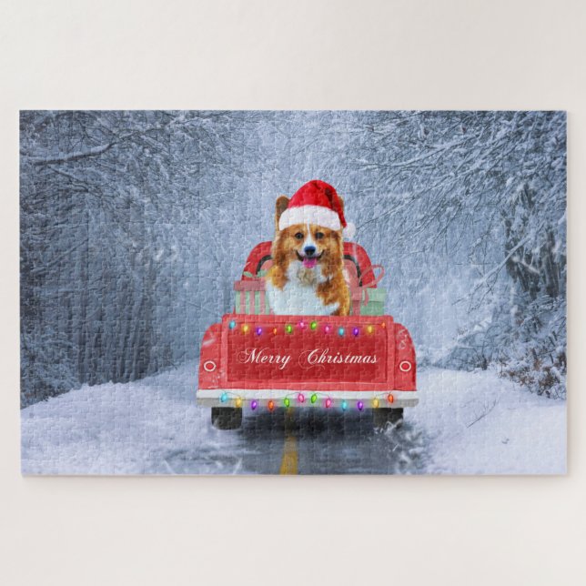 Corgi Hund im Schnee sitzen im Weihnachtswagen Puzzle (Horizontal)