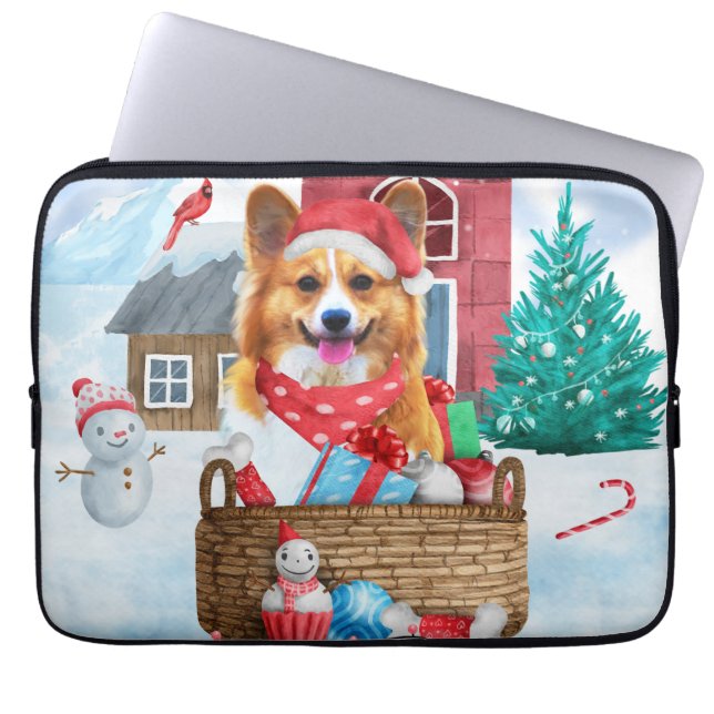Corgi Hund im Schnee Weihnachtshundehaus Laptopschutzhülle (Vorderseite)