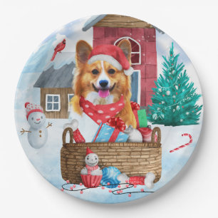 Corgi Hund im Schnee Weihnachtshundehaus Pappteller