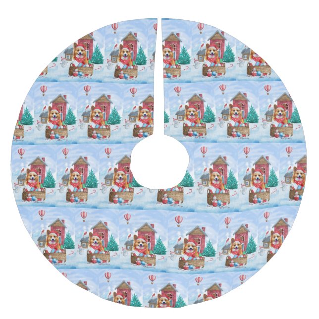 Corgi Hund im Schnee Weihnachtshundehaus Polyester Weihnachtsbaumdecke (Vorderseite)