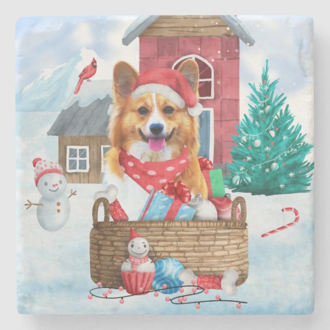 Corgi Hund im Schnee Weihnachtshundehaus Steinuntersetzer (Vorderseite)