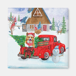 Corgi-Hund im Weihnachtslieferwagen Schnee Magnet