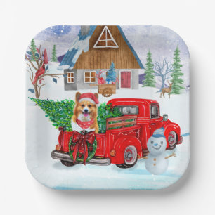 Corgi-Hund im Weihnachtslieferwagen Schnee Pappteller
