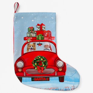 Corgi Hund in Auto mit dem Weihnachtsmann Kleiner Weihnachtsstrumpf