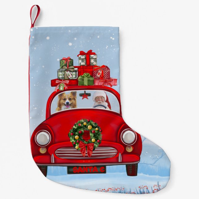 Corgi Hund in Auto mit dem Weihnachtsmann Kleiner Weihnachtsstrumpf (Vorderseite)