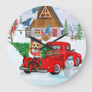 Corgi Hund in der Weihnachtslieferung LKW Schnee Große Wanduhr