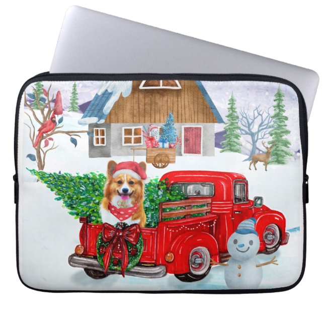 Corgi Hund in der Weihnachtslieferung LKW Schnee Laptopschutzhülle (Vorderseite)