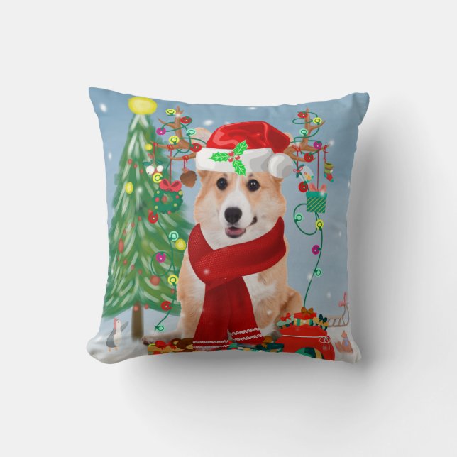 Corgi Hund in Schnee mit Weihnachtsgeschenken Kissen (Vorderseite)