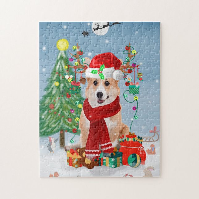 Corgi Hund in Schnee mit Weihnachtsgeschenken Puzzle (Vertikal)