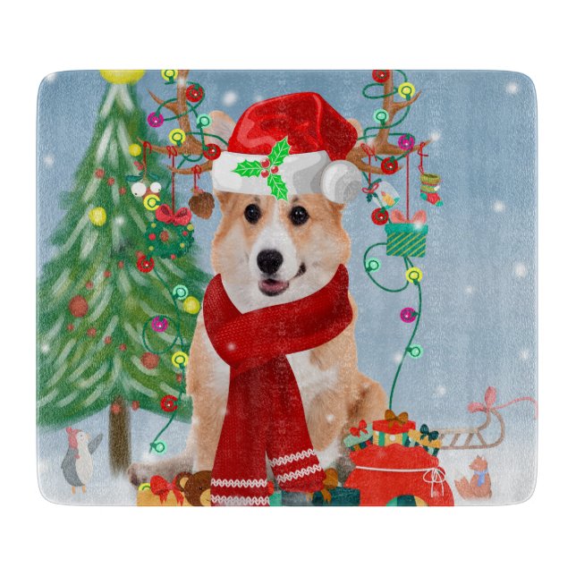 Corgi Hund in Schnee mit Weihnachtsgeschenken Schneidebrett (Vorderseite)