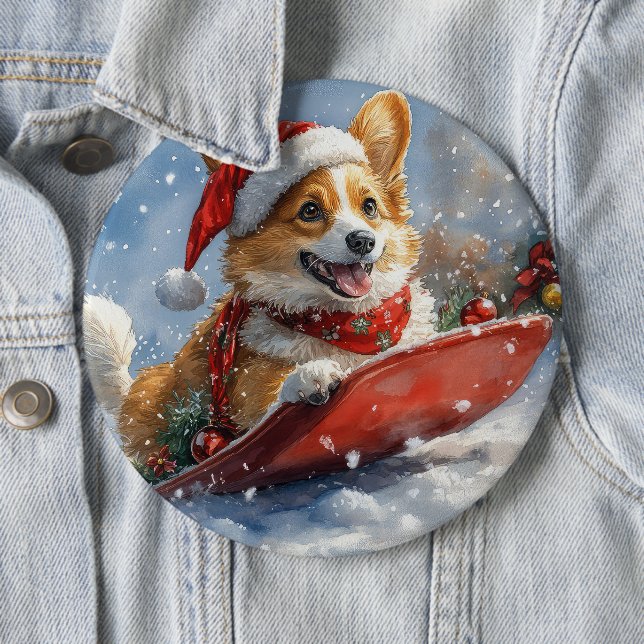 Corgi Hund in Sledge Let it Snow Weihnachten Button (Beispiel)