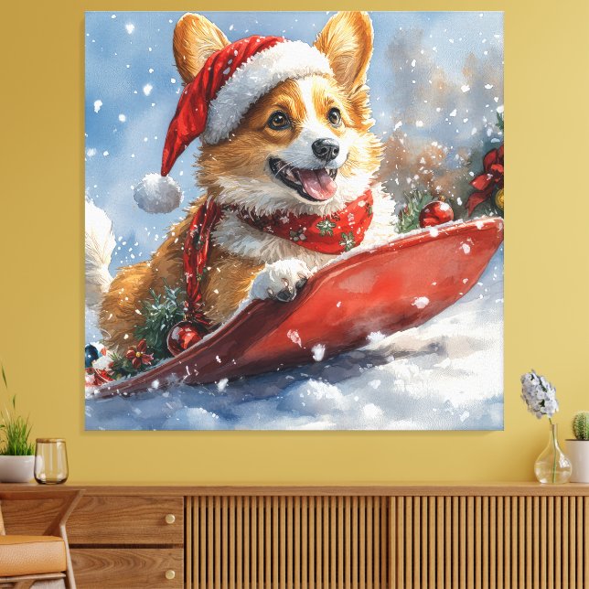 Corgi Hund in Sledge Let it Snow Weihnachten Leinwanddruck (Insitu (Wohnzimmer))