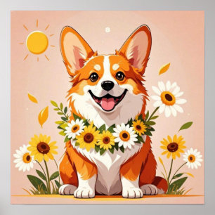 Corgi Hund Krone aus Sonnenblumen Wandkunst Dekor Poster