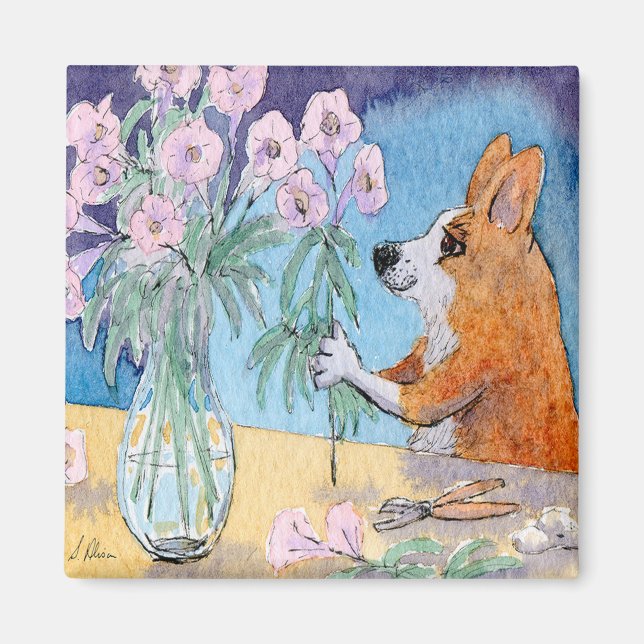 Corgi Hund Kühlschrankmagnet, Corgi Blume arrangie Magnet (Vorne)