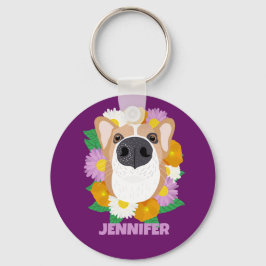 Corgi Hund mit Blume Lila Personalisiert Schlüsselanhänger