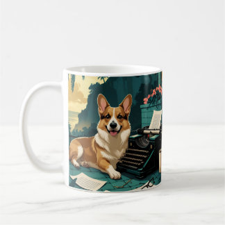 Corgi-Hund mit glänzendem Fell und einer Vintage-S Kaffeetasse