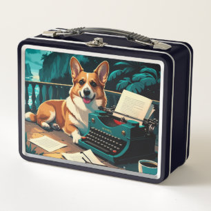 Corgi-Hund mit glänzendem Fell und einer Vintage-S Metall Brotdose