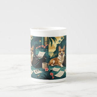 Corgi-Hund mit glänzendem Fell und einer Vintage-S Prozellantasse
