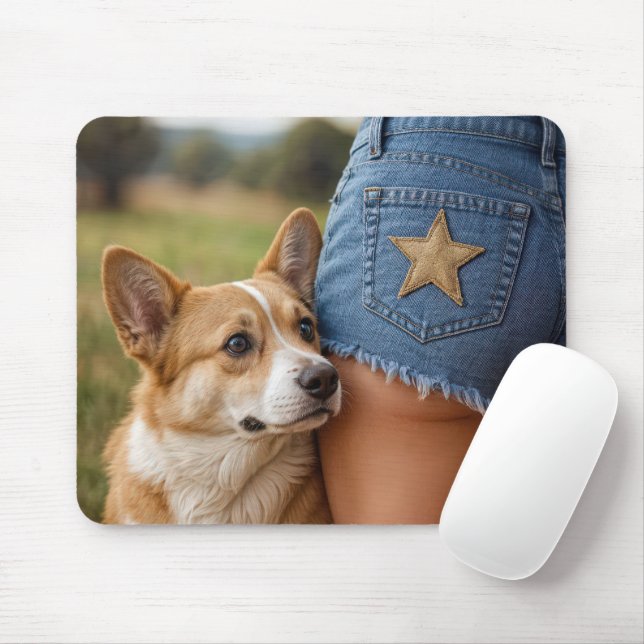 Corgi Hund mit jungen Frauen in Denim Shorts Mousepad (Mit Mouse)
