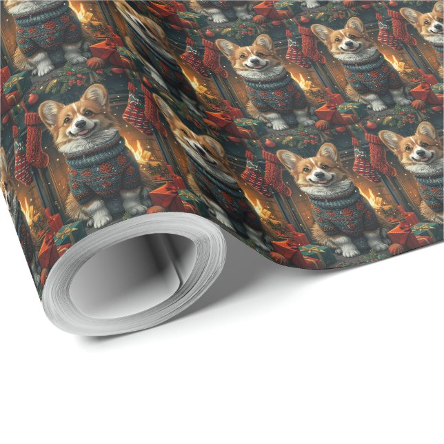 Corgi Hund mit Weihnachtsgeschenken Feuerplatz Geschenkpapier (Rolleneckpunkt)