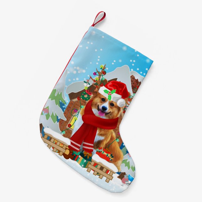 Corgi Hund mit Weihnachtsgeschenken Kleiner Weihnachtsstrumpf (Vorderansicht (hängend))