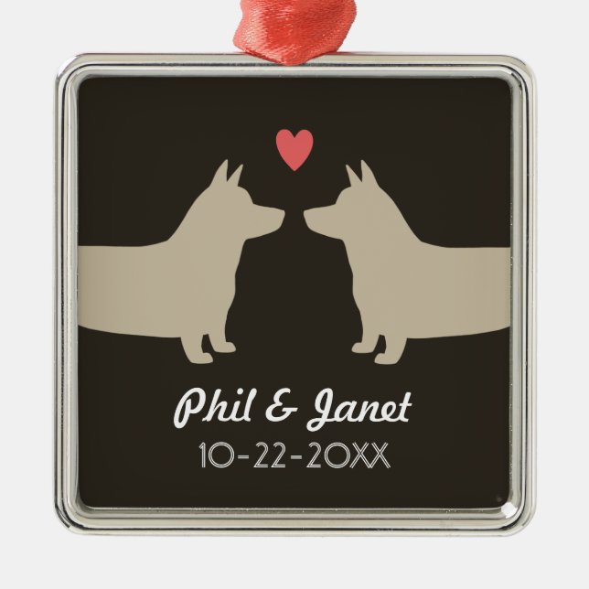 Corgi Hund Silhouetten Liebe Hochzeit Couple Custo Silbernes Ornament (Vorne)